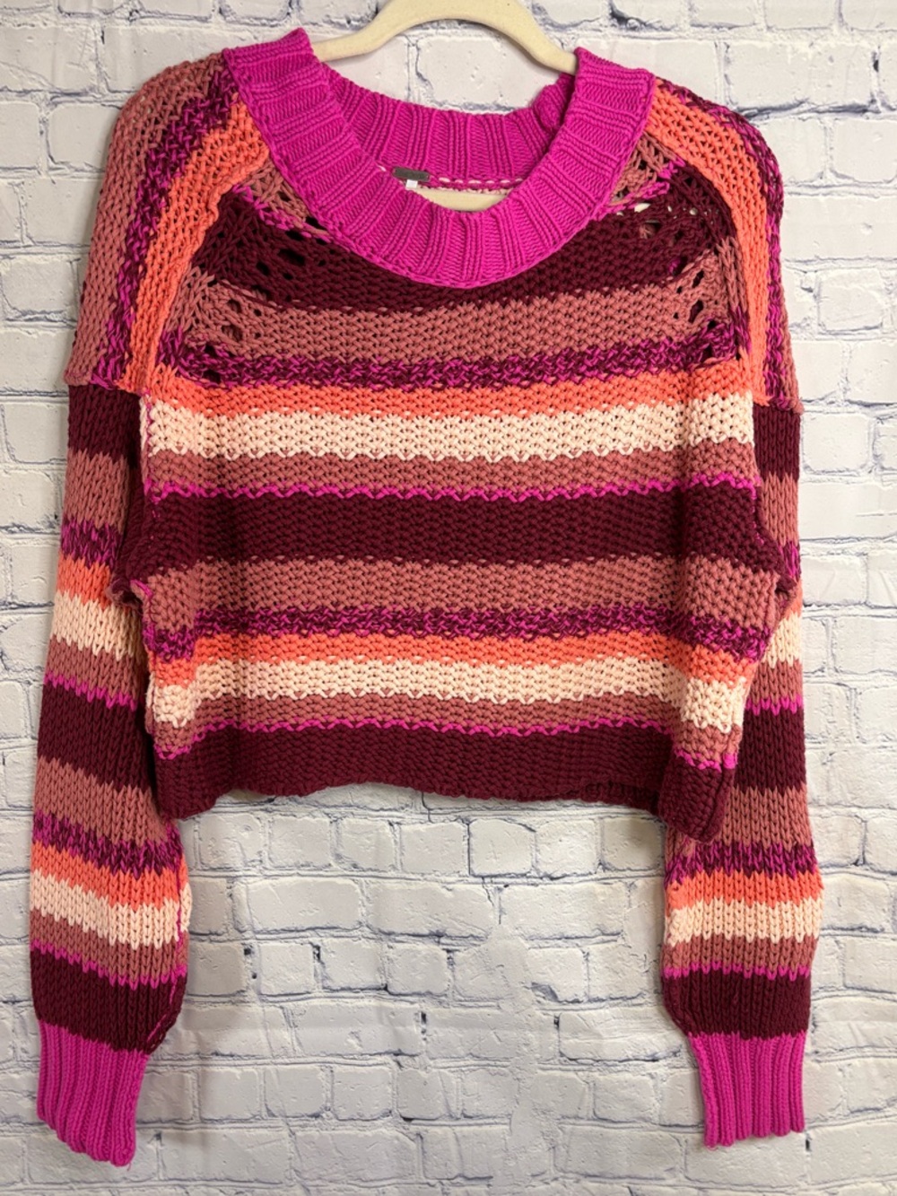 Free People Fuschia Rose Boho Festival Casual Crewneck Cropped Devon Sweater M